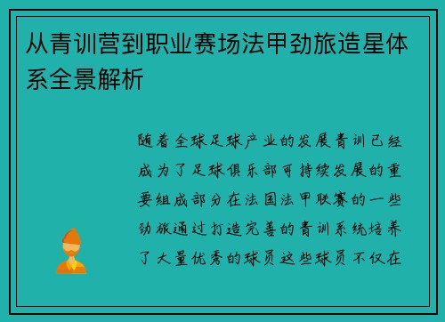 从青训营到职业赛场法甲劲旅造星体系全景解析